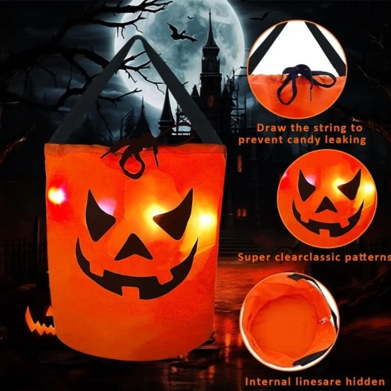 1-20PC Ledlight up Halloween Pumpkin Candy Tote Bag Basket for Kids Trick or Treat Party Bucket for Holiday Event Decoration Use