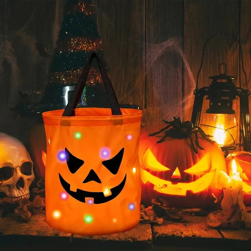 1-20PC Ledlight up Halloween Pumpkin Candy Tote Bag Basket for Kids Trick or Treat Party Bucket for Holiday Event Decoration Use