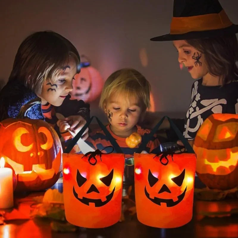 1-20PC Ledlight up Halloween Pumpkin Candy Tote Bag Basket for Kids Trick or Treat Party Bucket for Holiday Event Decoration Use