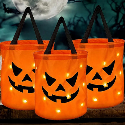 1-20PC Ledlight up Halloween Pumpkin Candy Tote Bag Basket for Kids Trick or Treat Party Bucket for Holiday Event Decoration Use