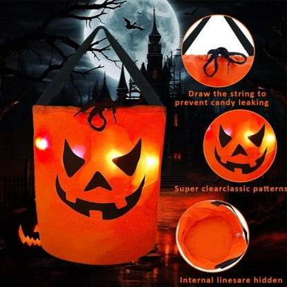 1-20PC Ledlight up Halloween Pumpkin Candy Tote Bag Basket for Kids Trick or Treat Party Bucket for Holiday Event Decoration Use